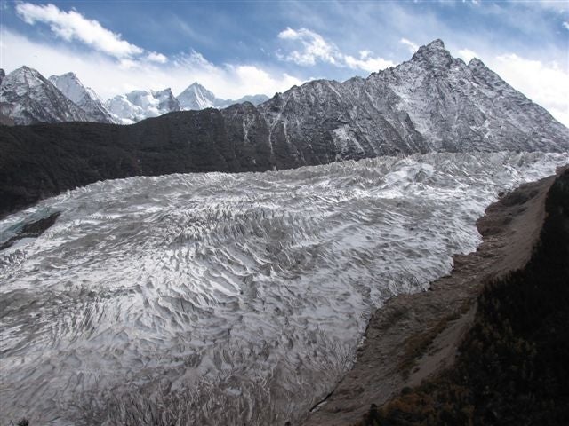 Aigagong Glacier and Nenang 6870m beyon Aigagong Glacier and Nenang 6,870m beyond ridge, Niwu Qu, NE.