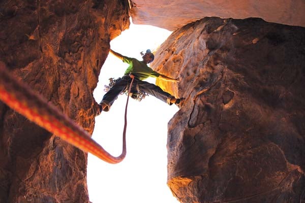 Burr2010_1_1135.jpg Wide to wider: After the first-pitch offwidth, Peter Vintoniv stems Tower 3's second pitch, Labyrinth Canyon/Green River Towers, Utah. From Climbing…