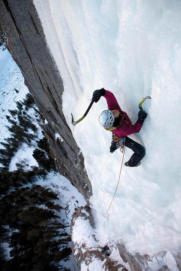 Burr2010_5_1139.jpg Ines Papert swinging picks on the Ames Ice House (WI5), Telluride, Colorado. From Climbing no. 284 - April 2010 - Gear Guide
