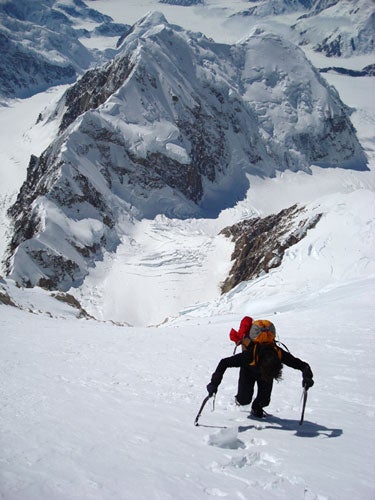 Colin Haley high on the Southwest Face, Colin Haley high on the Southwest Face, just before intersecting with the Cassin Ridge. Photo by Mark Westman