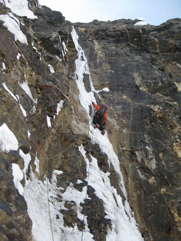 Jon Bracey leads the crux pitch on Melt Jon Bracey leads the crux pitch on Meltdown, the 1,300-meter new route on the north face of Mt. Grosvenor, Alaska. Photo by Matt Helliker
