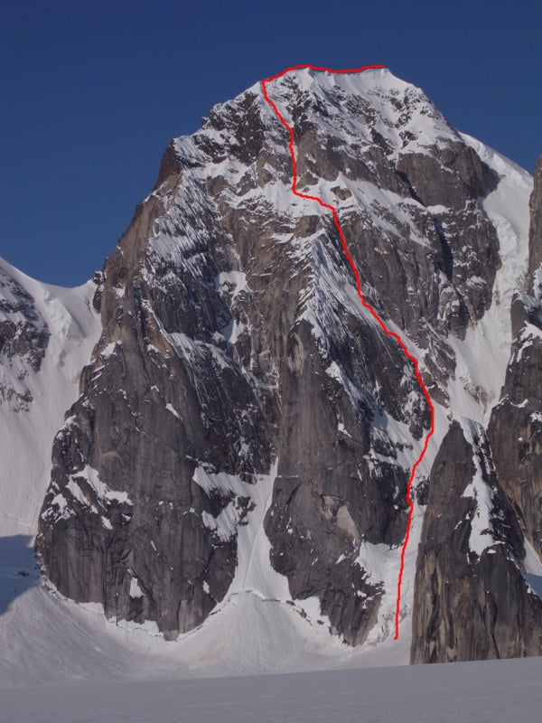 The line of Meltdown (1,300m, ED3 V M6 The line of Meltdown (1,300m, ED3 V M6 R) on 8,450-foot Mt. Grosvenor. Courtesy of Jon Bracey.