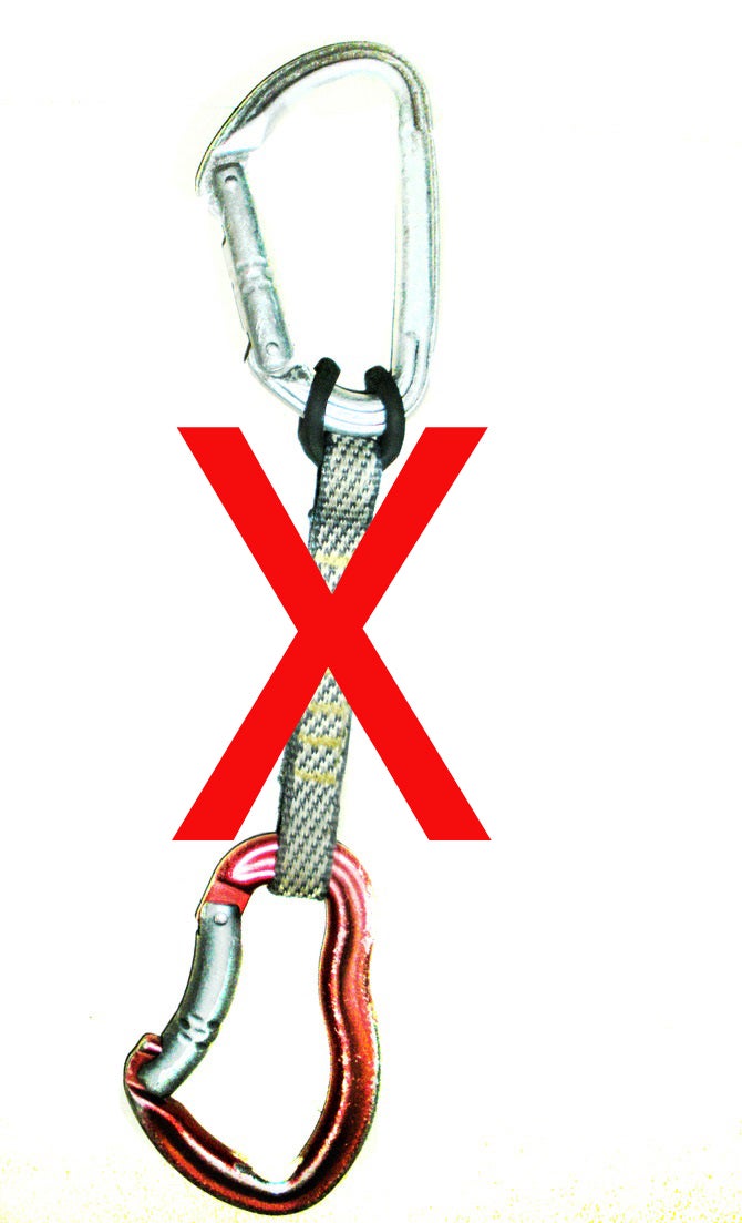 bad-one-copy A quickdraw assembled incorrectly, in a manner similar to the quickdraws used by Tito Traversa in his fatal accident.