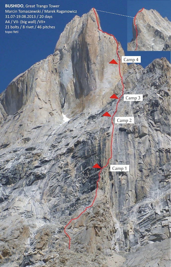 Bushido Topo Eng pic. The new Polish route on Great Trango Tower.