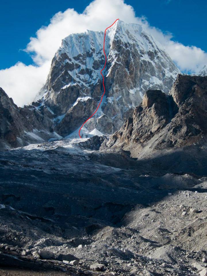 1450817_560366727384310_1416771749_n Lunag West with the first-ascent route marked.