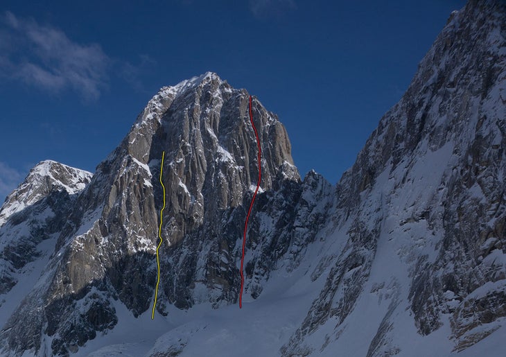 pyramid with two route lines copy Pyramid Peak with the Canadian attempt (yellow) and the French first-ascent route (red). Photo courtesy of Ian Welsted.