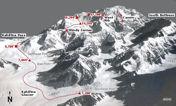 map-climbingroute The West Buttress route on Denali.
