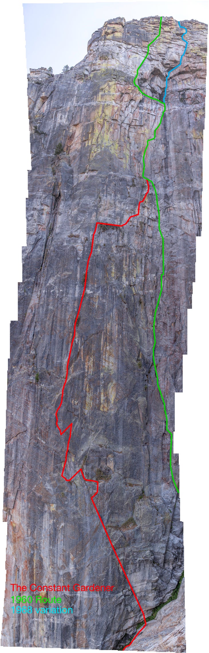 IMG_2592 copy-Edit-Edit The Constant Gardener (red) takes a new line up the 1,000-foot north face of Higher Cathedral Rock, left of the 1960 first-ascent route. Photo by…