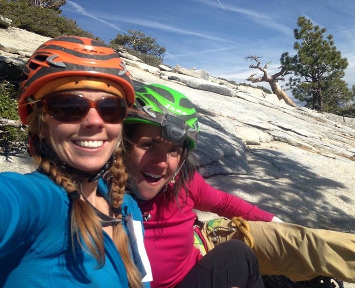 10726592_10152557025229545_347654420_n Libby Sauter (left) and Quinn Brett atop El Capitan, midway on their push to do two routes in less than 22 hours. Photo courtesy of Quinn Brett.