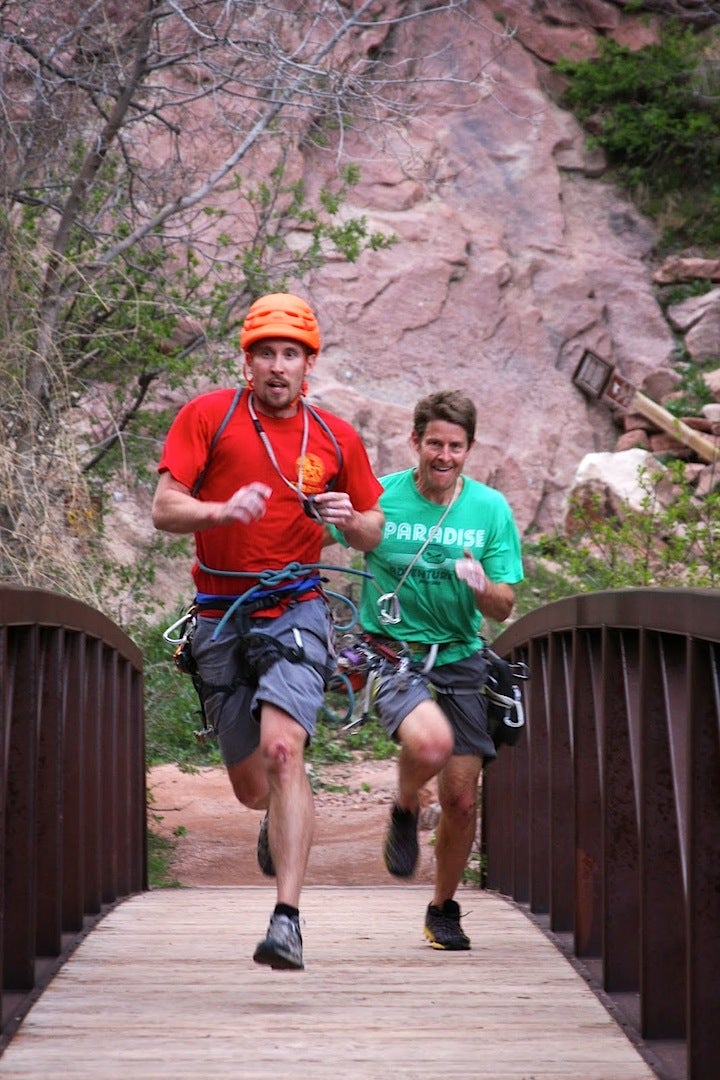 IMG_8004 Stefan Griebel (left) and Jason Wells pound across the bridge to the finish line after racing up the Naked Edge. Photo courtesy of Bill Wright.