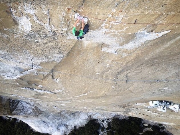 1932254_10205186211432193_2546749284876 Kevin Jorgeson shaking out at a rest midway on Pitch 15 (5.14+) of the Dawn Wall. Photo by Brett Lowell / Big UP Productions.