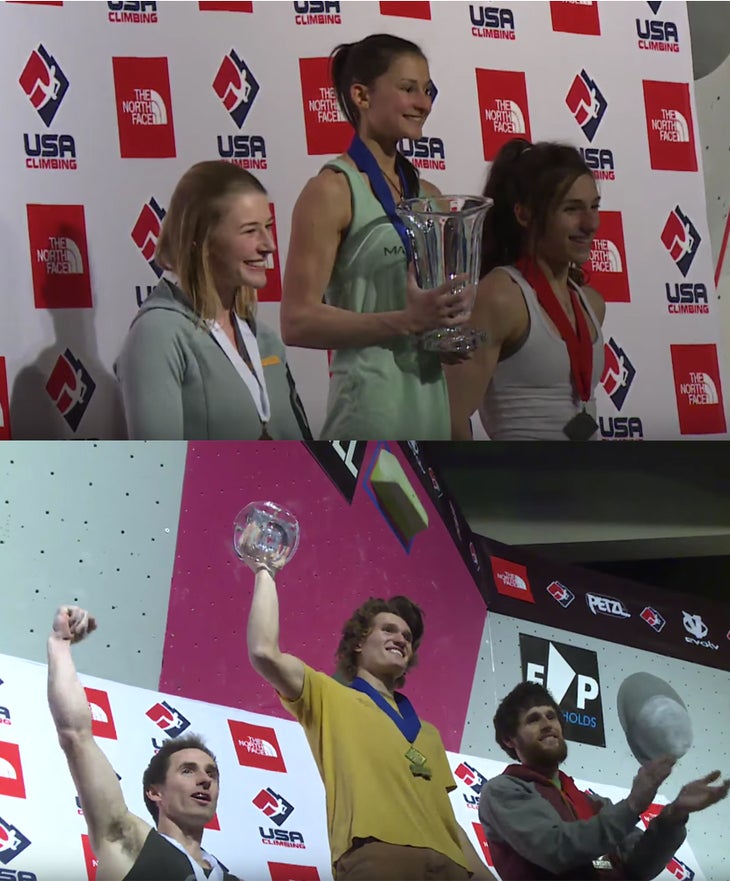 USANationals2016Podium.jpg USA Bouldering Nationals Winners Podium 2016