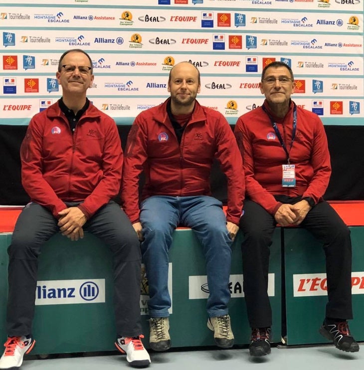 (Left to right) Ledet and other IFSC officials Johannes Altner and Fabrizzio Minnino at the Olympic Qualification in Toulouse, France, in December, 2019 (photo courtesy of Paul Ledet) None