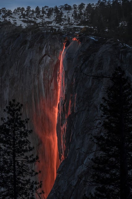 An image of the Firefalls phenomenon at Horsetail Fall, Yosemite, in 2021.