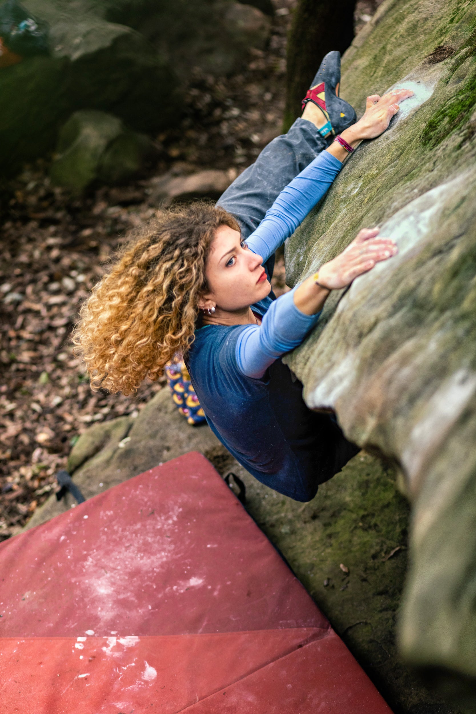 Caterina Maiullari meets slopers of la mMrte Dei Viaggiatori (7B/V8), Pietra del Toro, Basilicata, Italy. Maiullari, 27, began climbing five years ago, and is the first Southern Italian woman to climb 8A/V11. “Climbing to me is a need, beyond just a passion,” says Maiullari. “It helps me to channel and filter out emotions. It may sound surreal, but climbing is the only thing that helps me to meditate and live happily." Photo by Francesco Guerra.