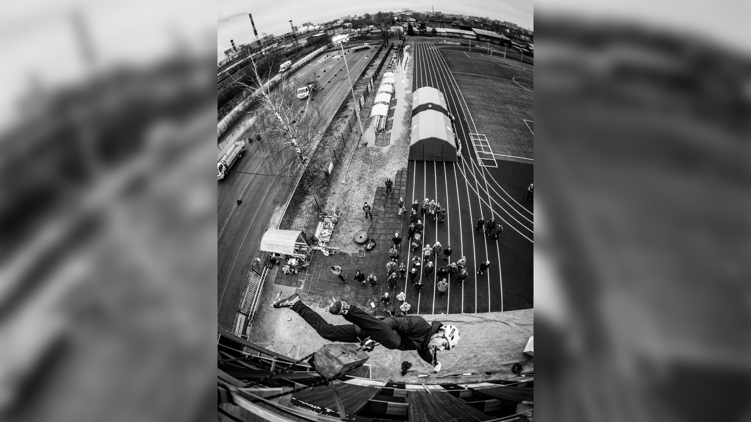 Ice Climbing World Cup medalist Alexey Marshalov does a demo lap on the wall in Saint Petersburg, Russia, during the December 2019 competition.
