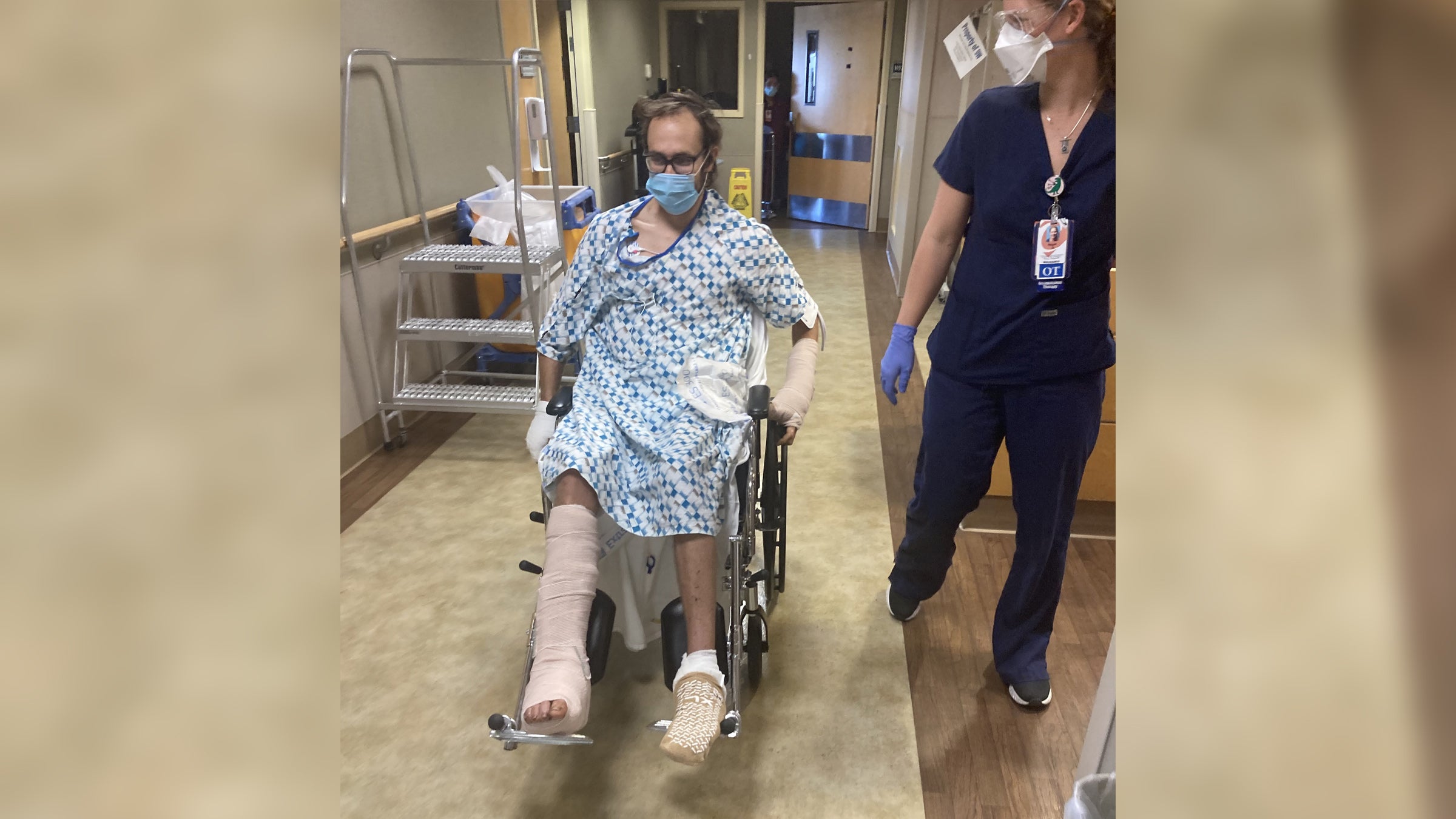 Josh Ourada in the hospital following his free solo fall on Nutcracker.