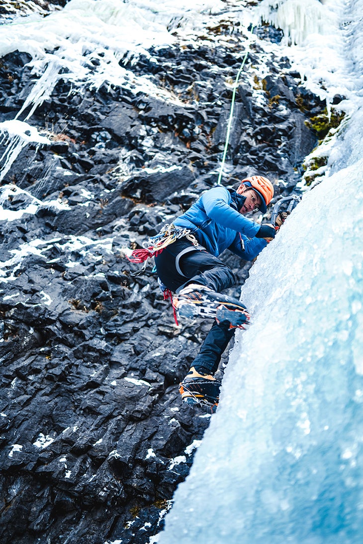 Don Nguyen smashes his way up a route in Hyalite while he works on his crampon technique.