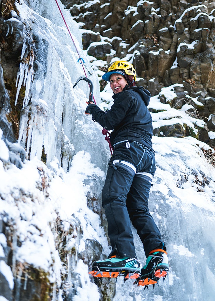 Michelle Lin, from Portland, Oregon, tops out her first ever ice climb.