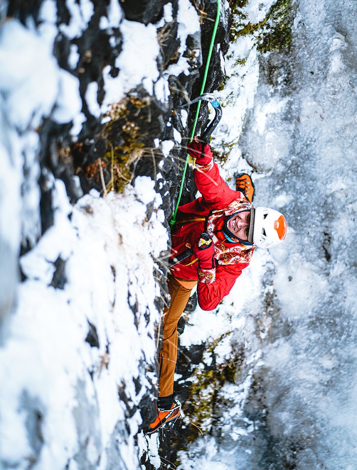 Cal Smith wears his native american Grandfather’s jacket while he jumps into mix climbing, literally one day after his first time ever attempting ice climbing.