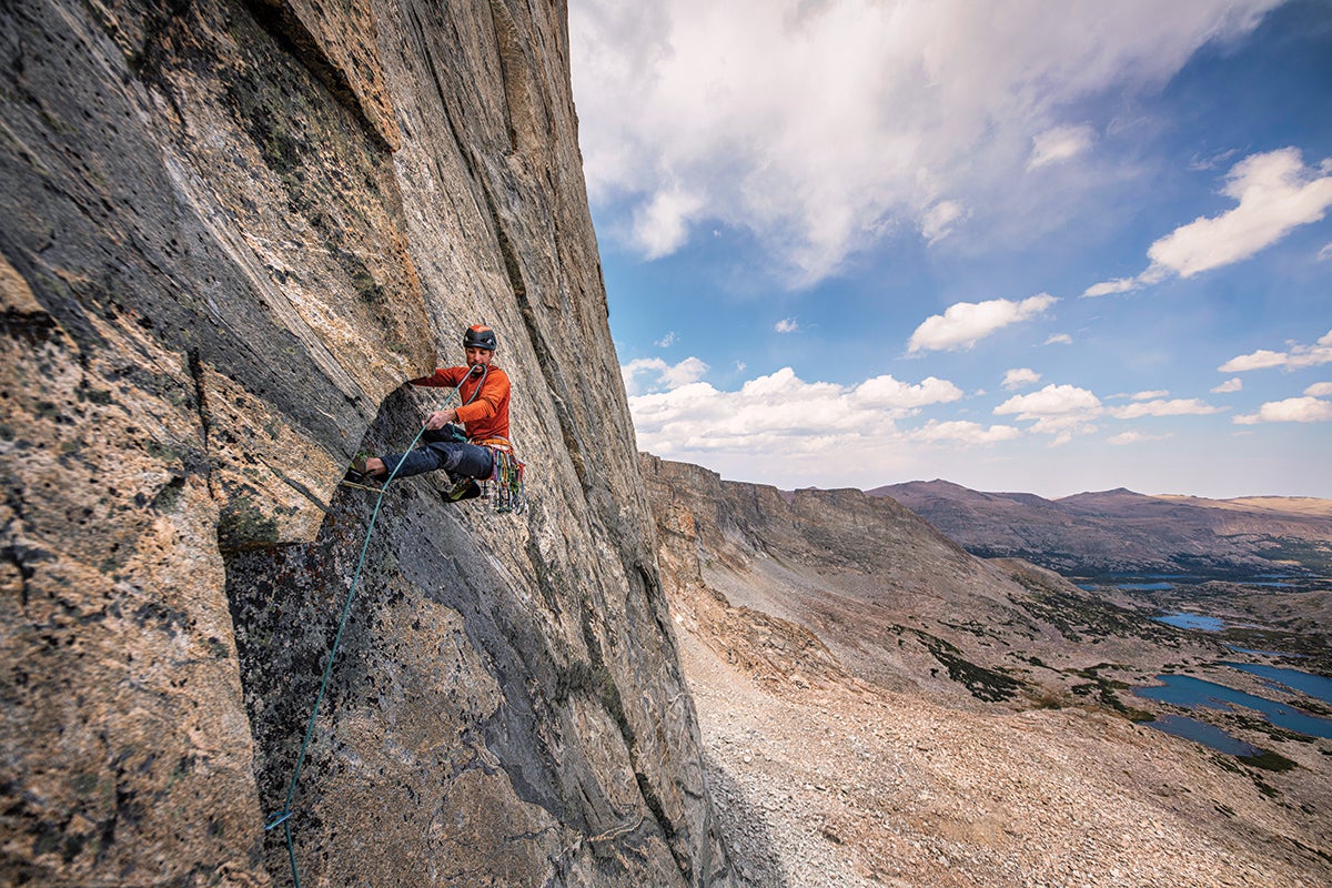 Chattanooga local Jared Leader redpoints the stunning pitch six during the first free ascent of the decades-old aid line The Illness (V 5.11) in the Wolverine Cirque of Wyoming’s Wind River Indian Reservation.  