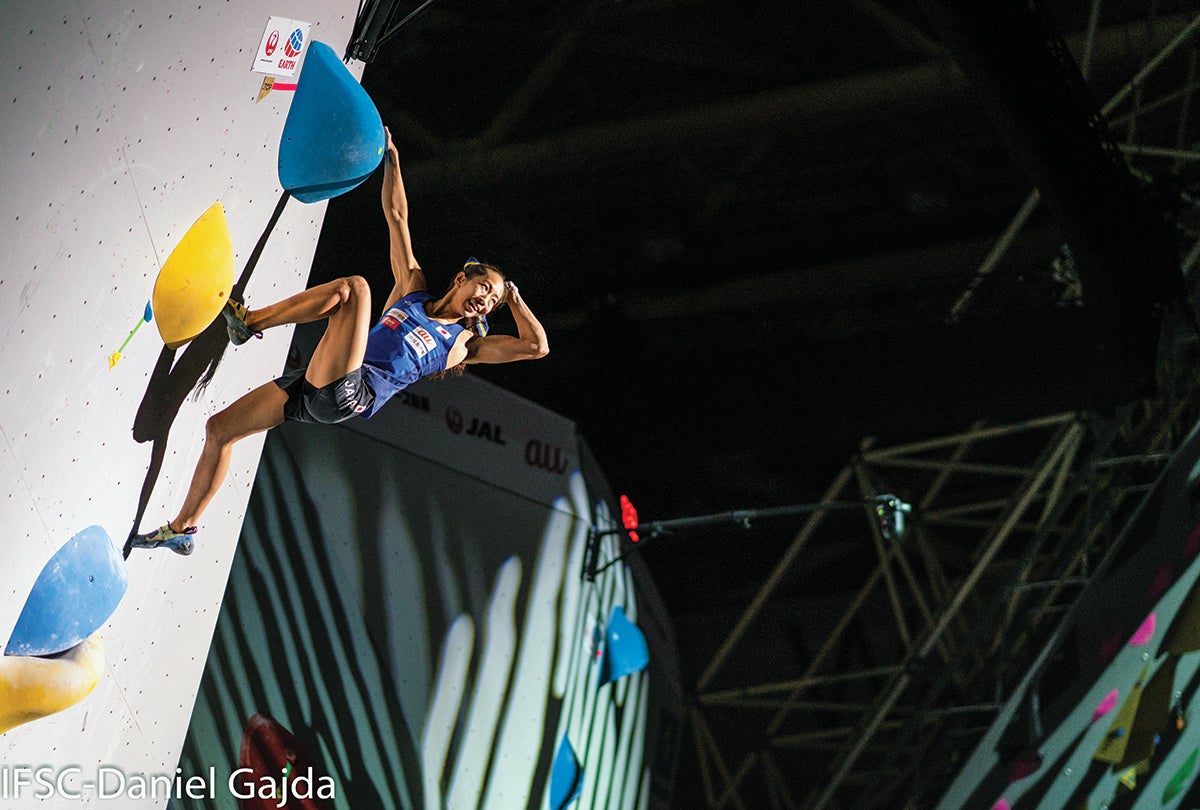 Olympic team member Akiyo Noguchi has been a dominant force for over a decade, with 21 World Cup competition victories. She placed fourth in the Meiringen, Switzerland, Bouldering World Cup in April.