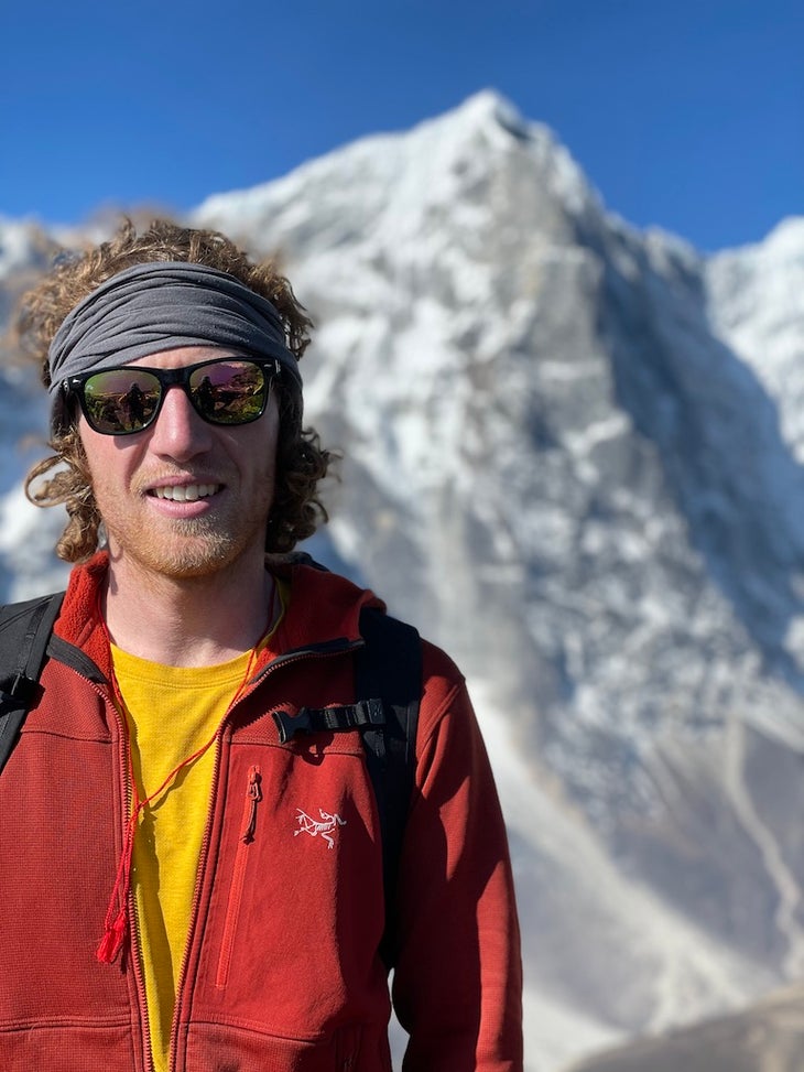 Quentin Roberts in front of Tengkanpoche's North Pillar. Photo: Jesse Huey
