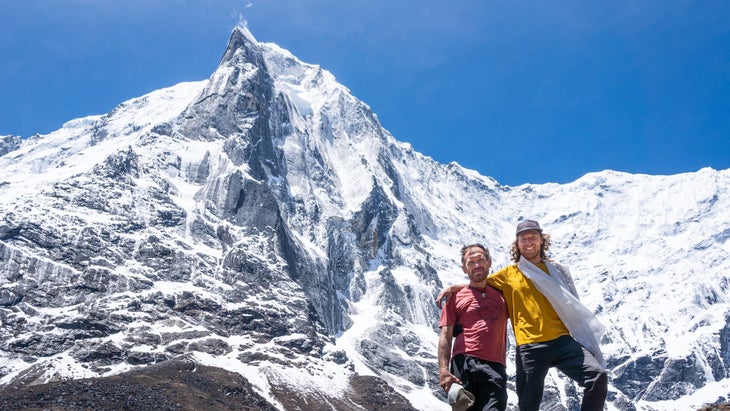 Quentin Roberts (right) and Jesse Huey in front of the North Pillar of Tengkangpoche.
