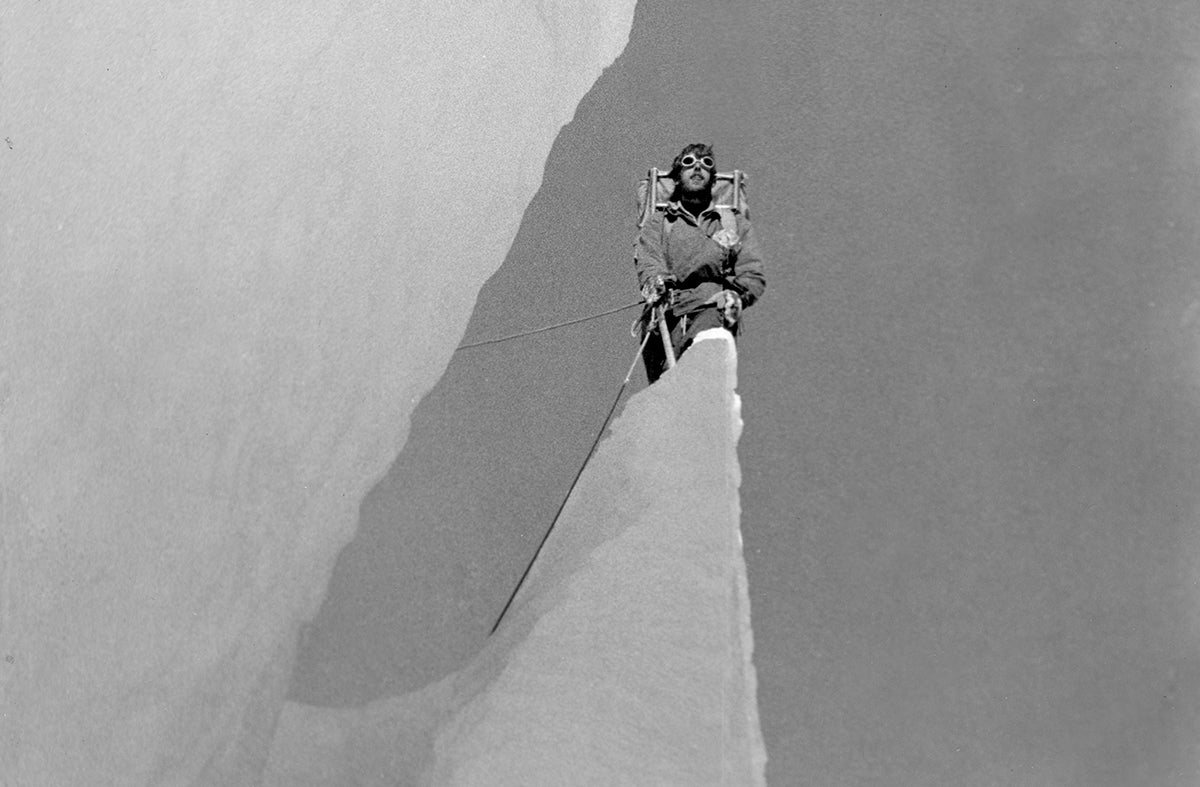 Rick Millikan atop the Icebox—key to the upper Wickersham Wall, during the first ascent in 1963. 