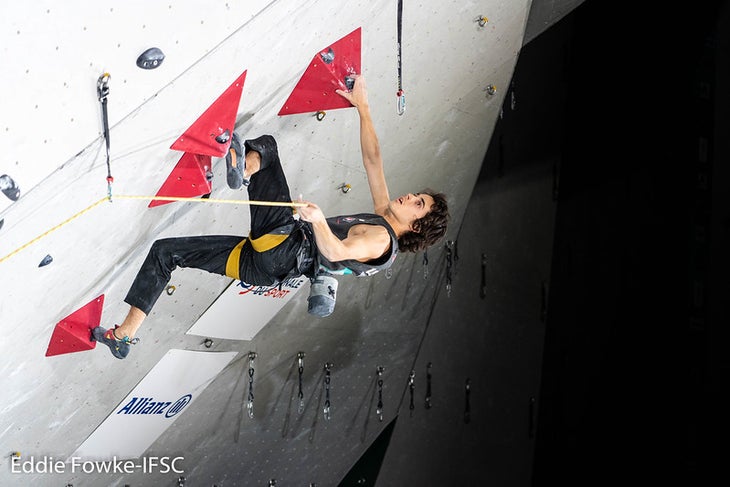 Climber Sean Bailey leads climbs at IFSC Toulouse 2019 Men Lead Qualifications