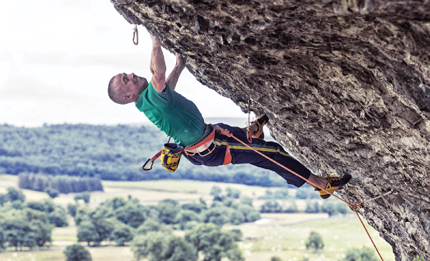 Neil Gresham made a simulation at home of the iron-cross crux of his Freakshow (8c/5.14b) at Kilnsey, England, and when he returned five months later the move “felt straightforward.”