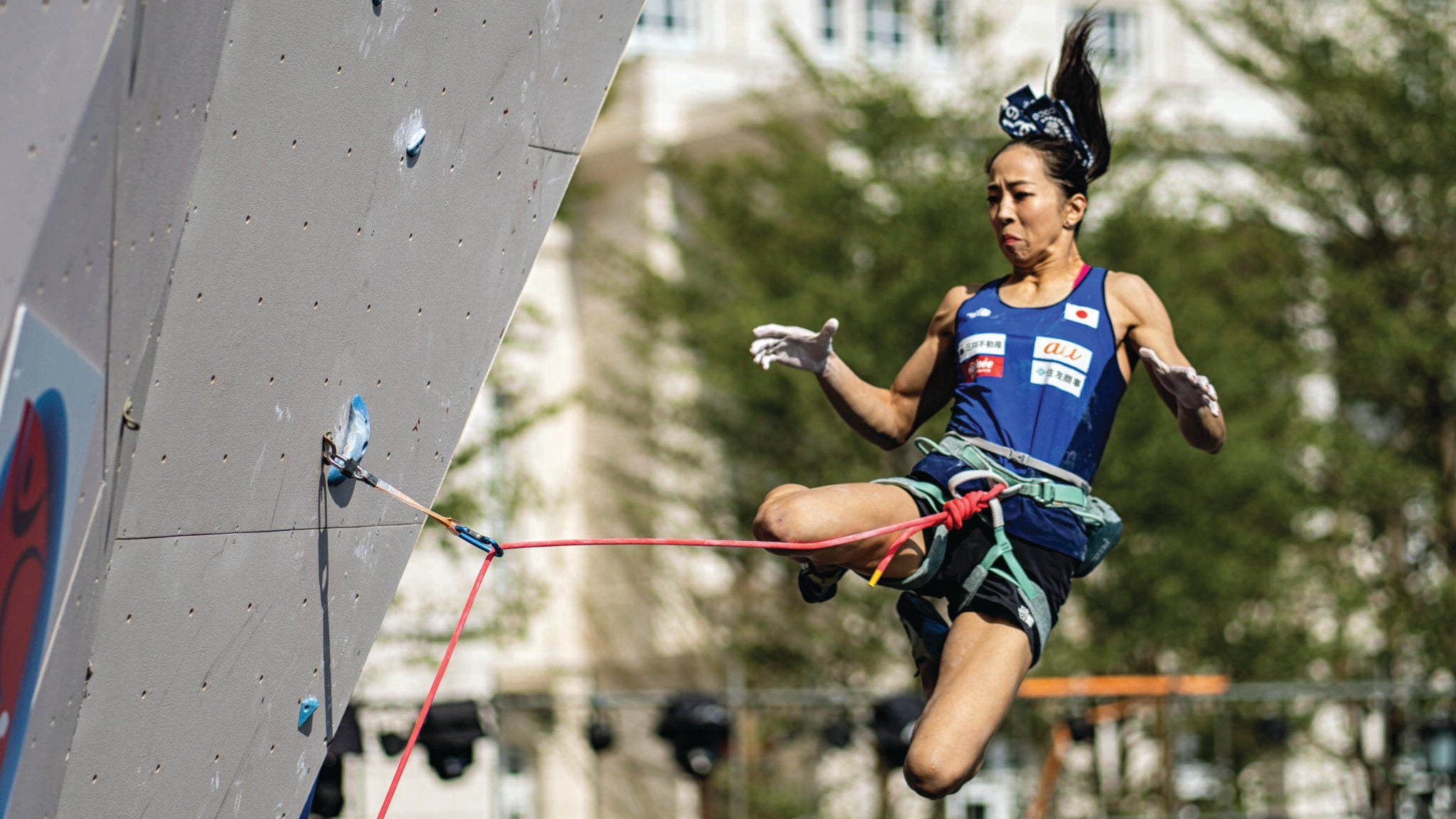 Akiyo Noguchi (JPN) mid-whip at the 2019 Xiamen Lead World Cup.