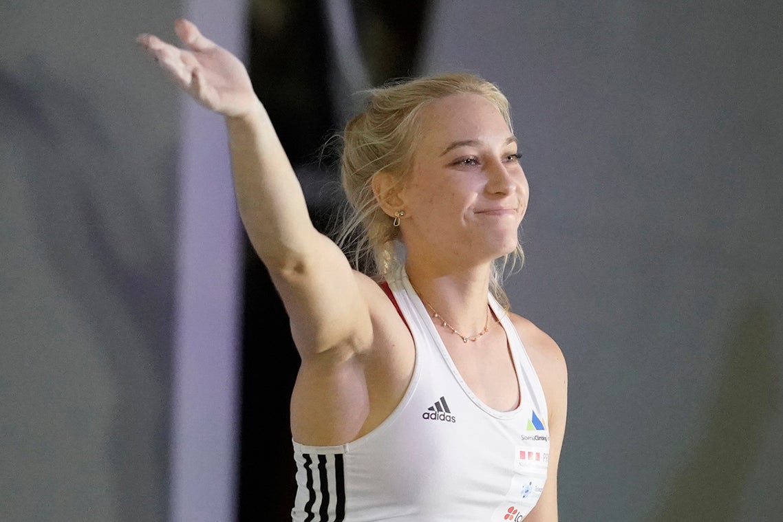 Janja Garnbret of Slovenia celebrates after competing in the Bouldering during Combined Women's Qualification on day eight of the IFSC Climbing World Championships at the Esforta Arena Hachioji on August 18, 2019 in Hachioji, Tokyo, Japan.