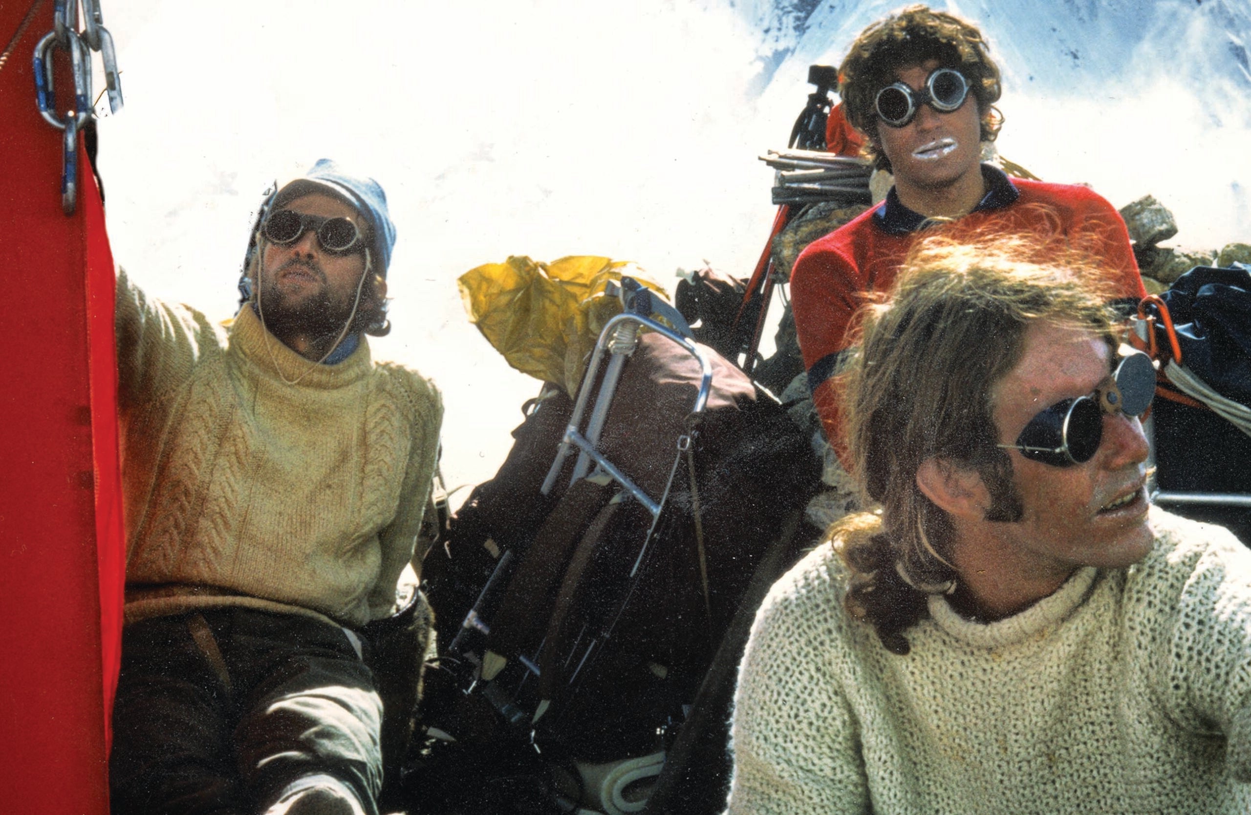 Fritz Stammberger (left background) during the 1974 Makalu expedition.  To his right is Matija Malezic, and in front is author Jeff Long.