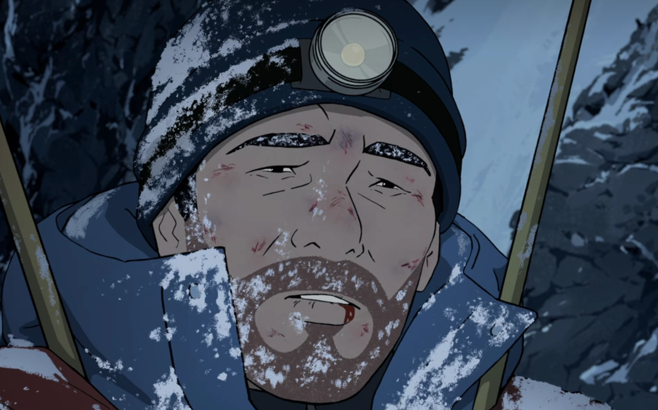 The protagonist Habu Joji bivvies alone, high on Walker Spur on the Grandes Jorasses, after an accident.