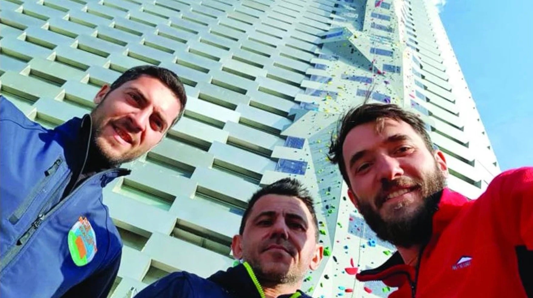The route setters after setting five routes, each 262 feet tall. From left to right: Valentin Borisov, Milen Vidinovski and Plamen Kostadinov.