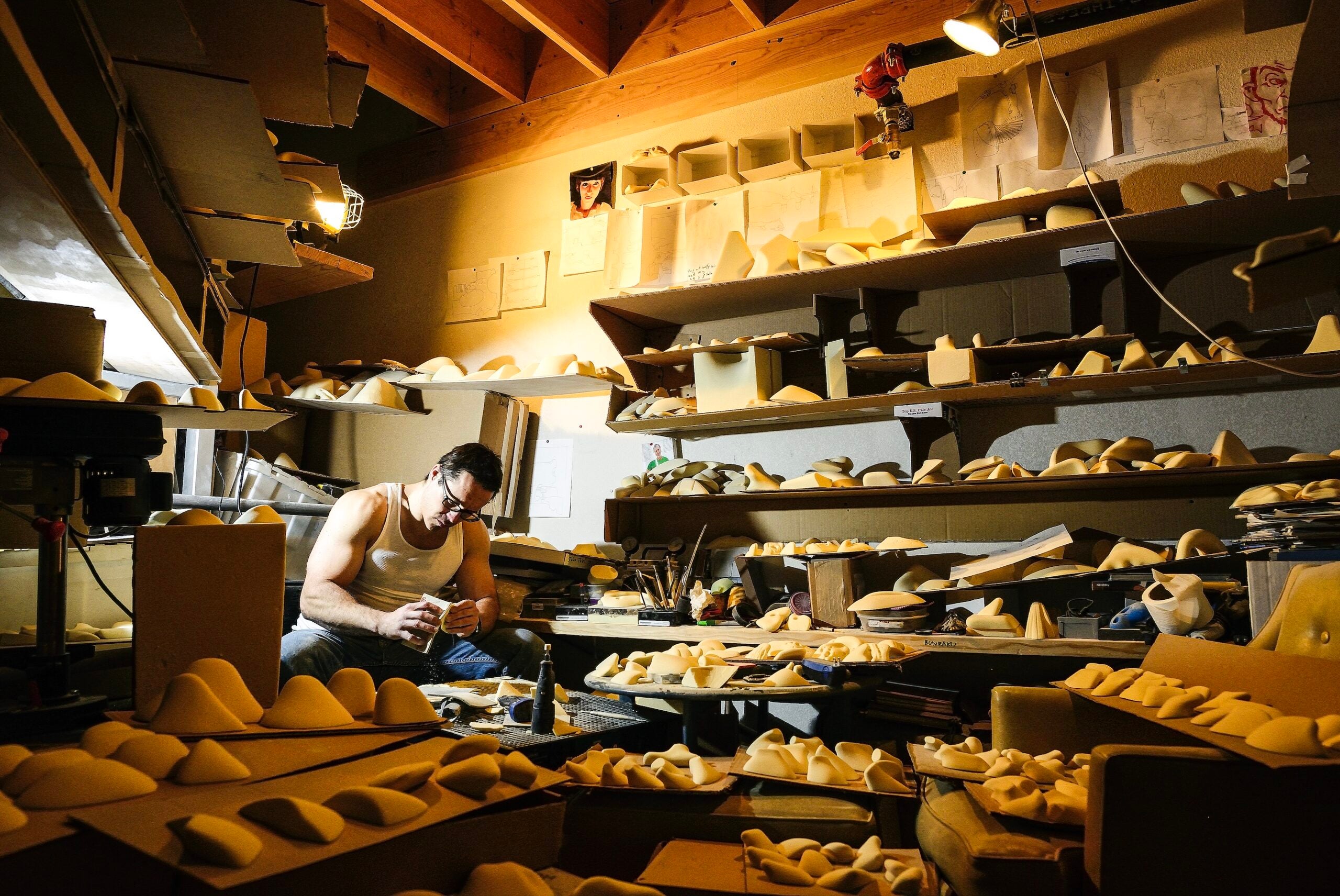 Ian Powell in his studio in The Spot climbing gym, Boulder.
