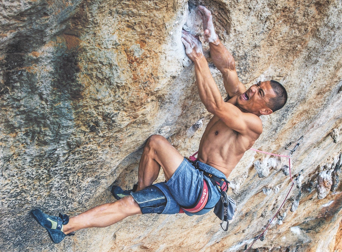 Yuji Hirayama cruxing out in Kalymnos