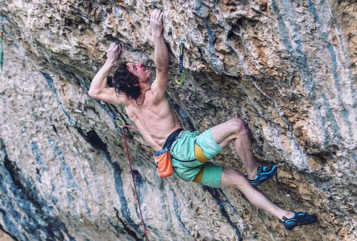 Rock climber Adam Ondra on the first ascent of a difficult route in France.