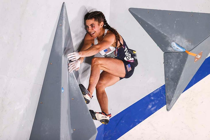 American Brooke Climber competing in the boulder finals at the 2020 Tokyo Olympics.