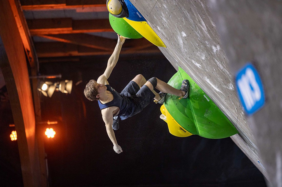 Climber Colin Duffy competes at world cup in Meiringen, Switzerland, in 2022.