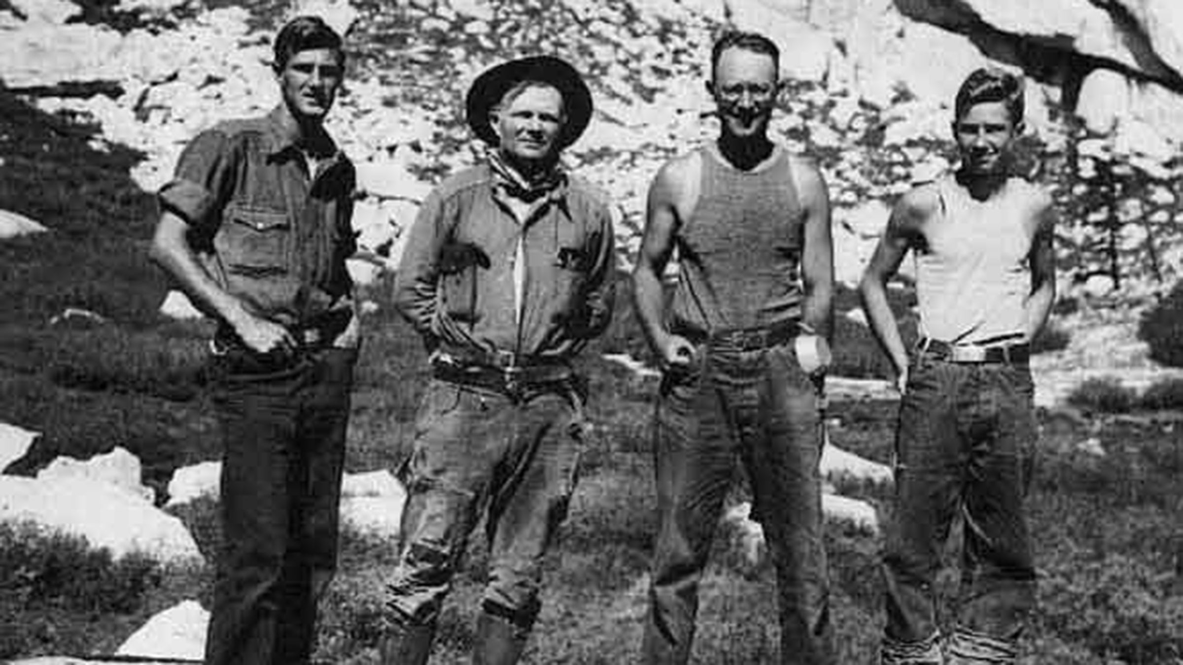 Jules Eichorn, Norman Clyde, Robert L.M. Underhill and Glen Dawson, on the day after their first ascent of the East Face of Mount Whitney.