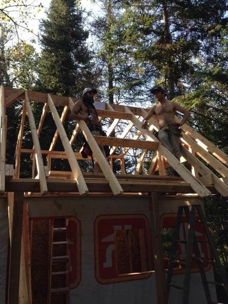 Climber makes a living by framing houses.