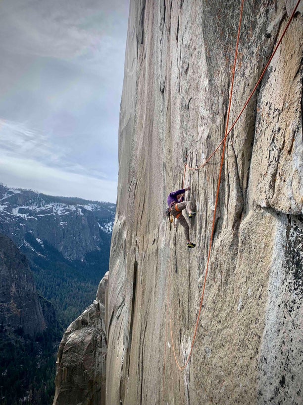 Climber ascends the Dawn Wall on El Capitan, Yosemite.