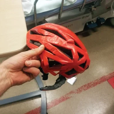Crushed helmet after climbing fall.