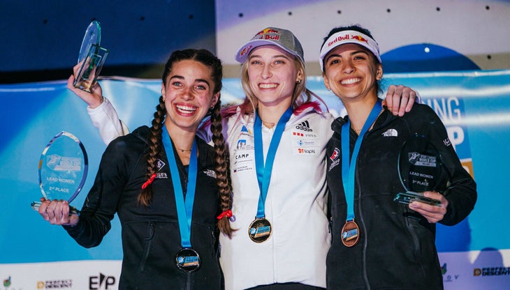Brooke Raboutou, Janja Garnbret and Natalia Grossman on the podium in Villars.