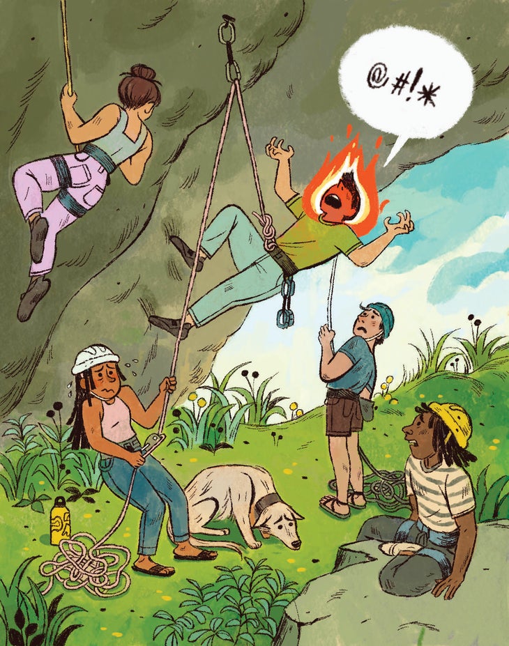 Illustration of rock climber throwing tantrum after falling on sport climb.
