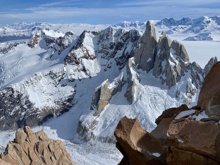 A view of the Torres from the upper ridge, with the summit of Aguja de la Silla visible down and left.