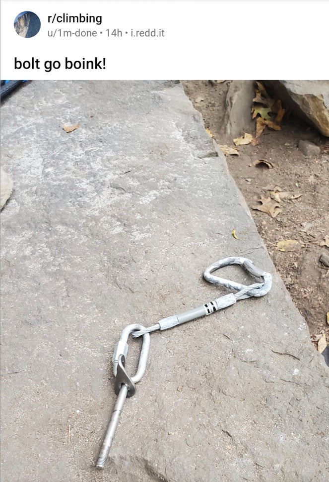 Climbing bolt lays on ground after it failed
