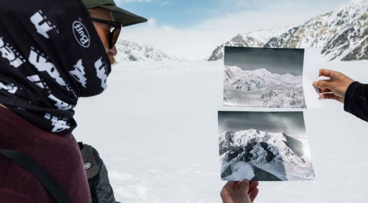 Holding Washburn photo comparing to new photo of Saint Elias Range.
